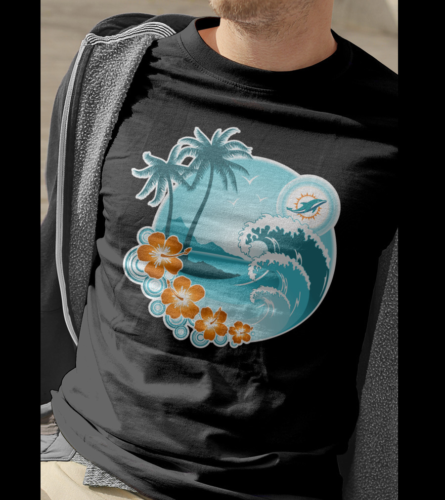 Miami Dolphins Happy Holidays Tropical Wave And Palm Trees Scene T-Shirt