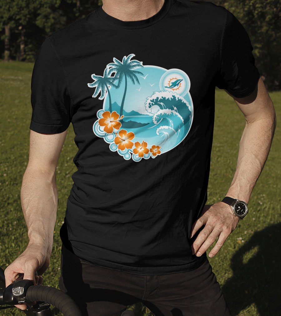 Miami Dolphins Happy Holidays Tropical Wave And Palm Trees Scene T-Shirt