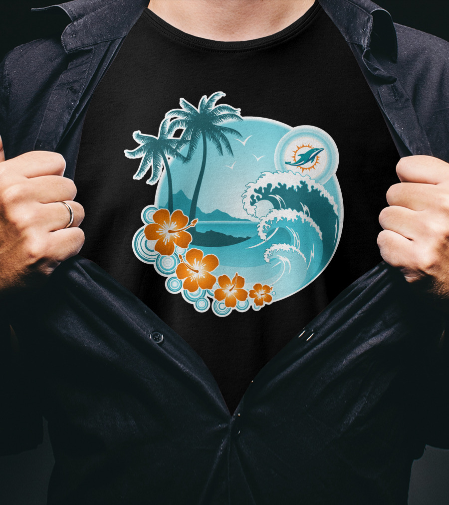Miami Dolphins Happy Holidays Tropical Wave And Palm Trees Scene T-Shirt
