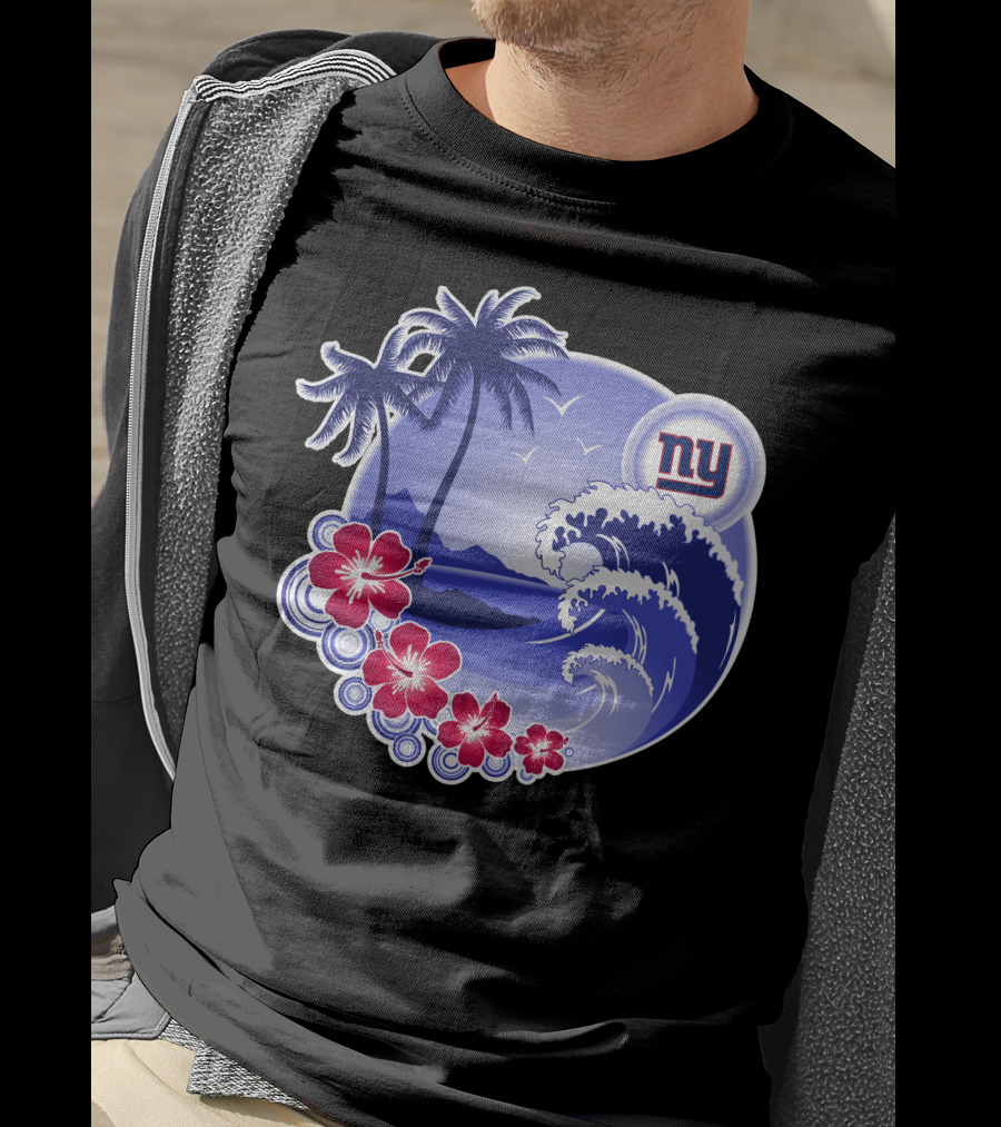New York Giants Tropical Island Wave And Palm Trees T-Shirt