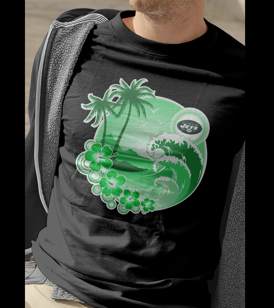 New York Jets Happy Holidays Tropical Waves And Palm Trees T-Shirt