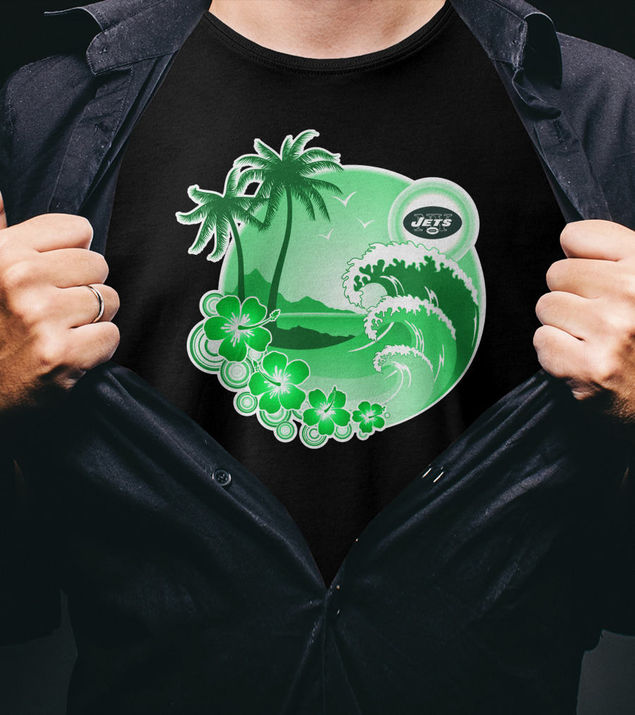 New York Jets Happy Holidays Tropical Waves And Palm Trees T-Shirt