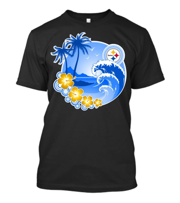 Pittsburgh Steelers Happy Holidays Tropical Waves Palm Trees Flowers T-Shirt