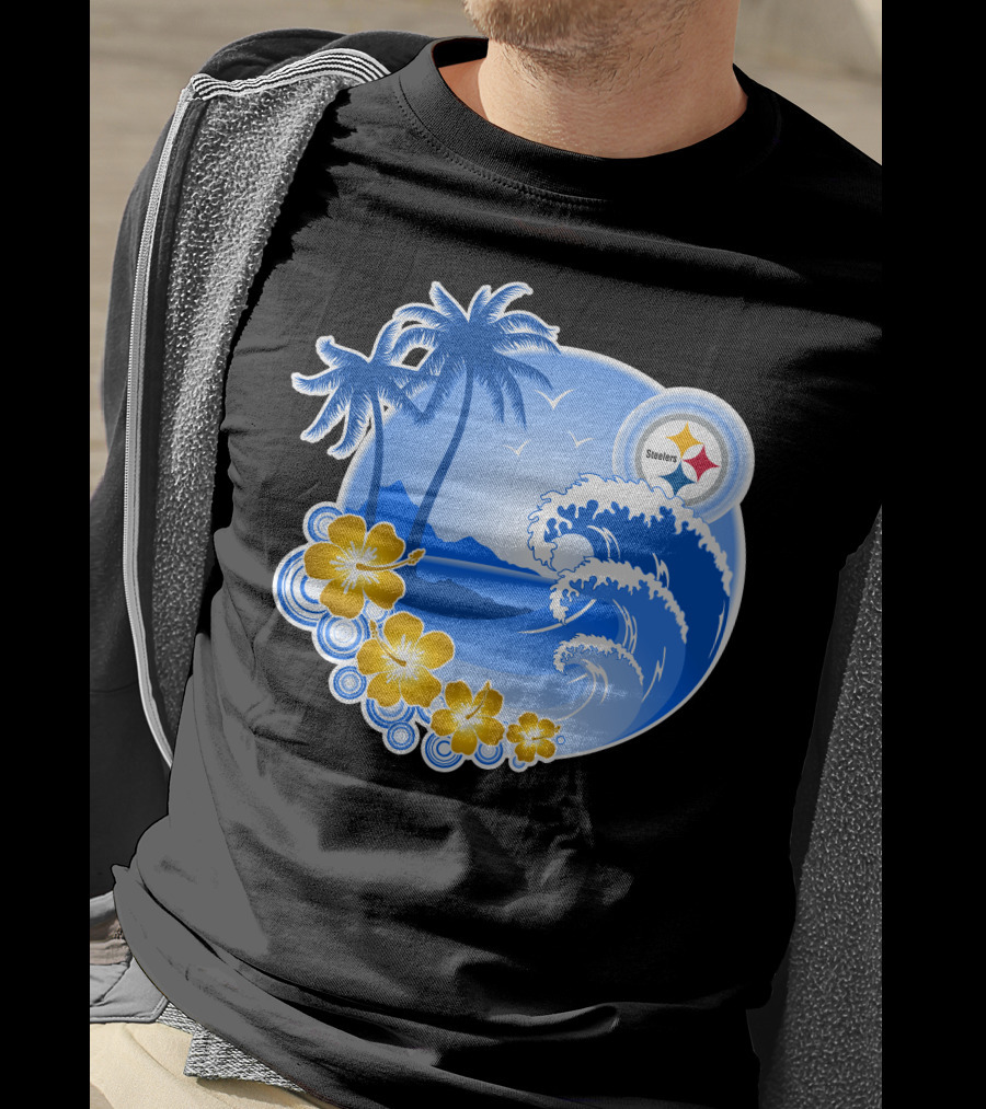 Pittsburgh Steelers Happy Holidays Tropical Waves Palm Trees Flowers T-Shirt