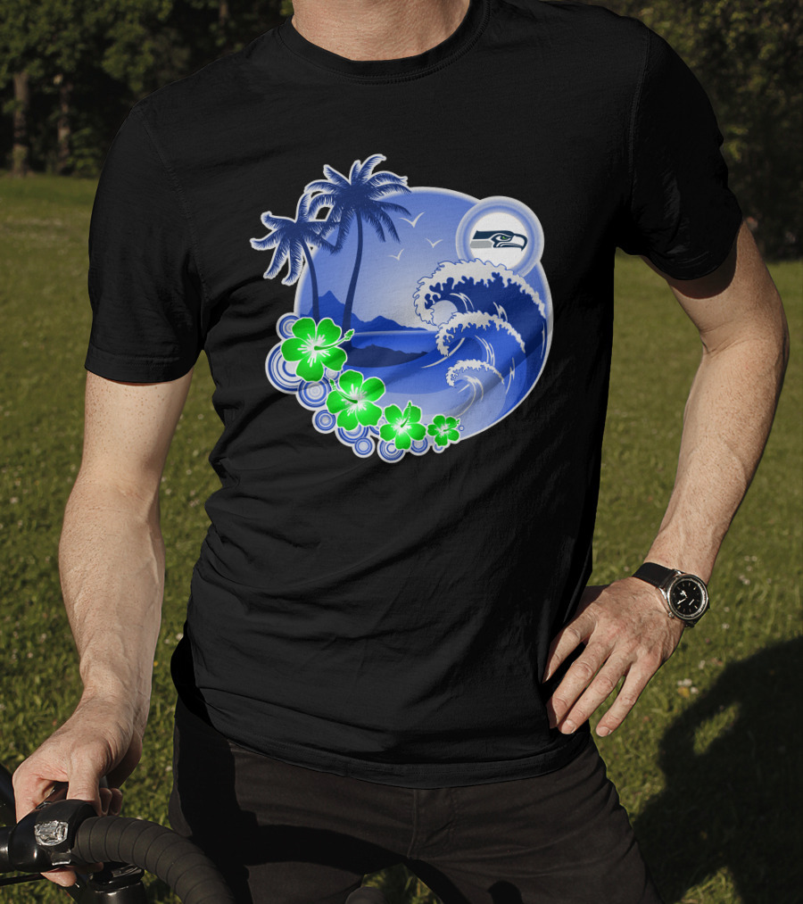 Seattle Seahawks Tropical Beach Happy Holidays Wave And Palm Trees T-Shirt