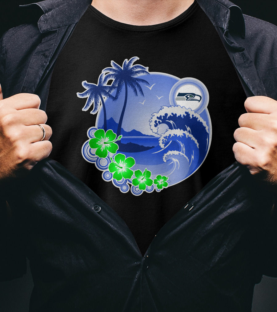 Seattle Seahawks Tropical Beach Happy Holidays Wave And Palm Trees T-Shirt