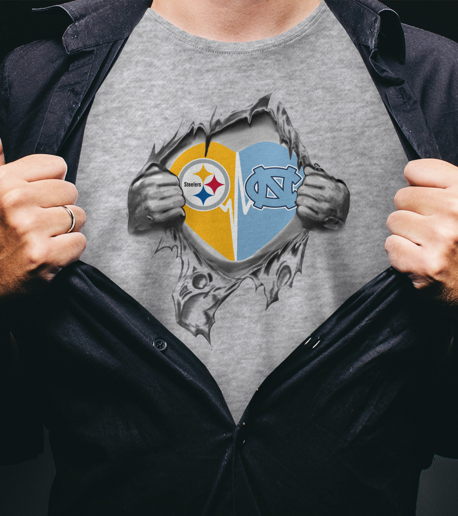 Steelers North Carolina Tar Heels Heart Torn Reveal T-Shirt