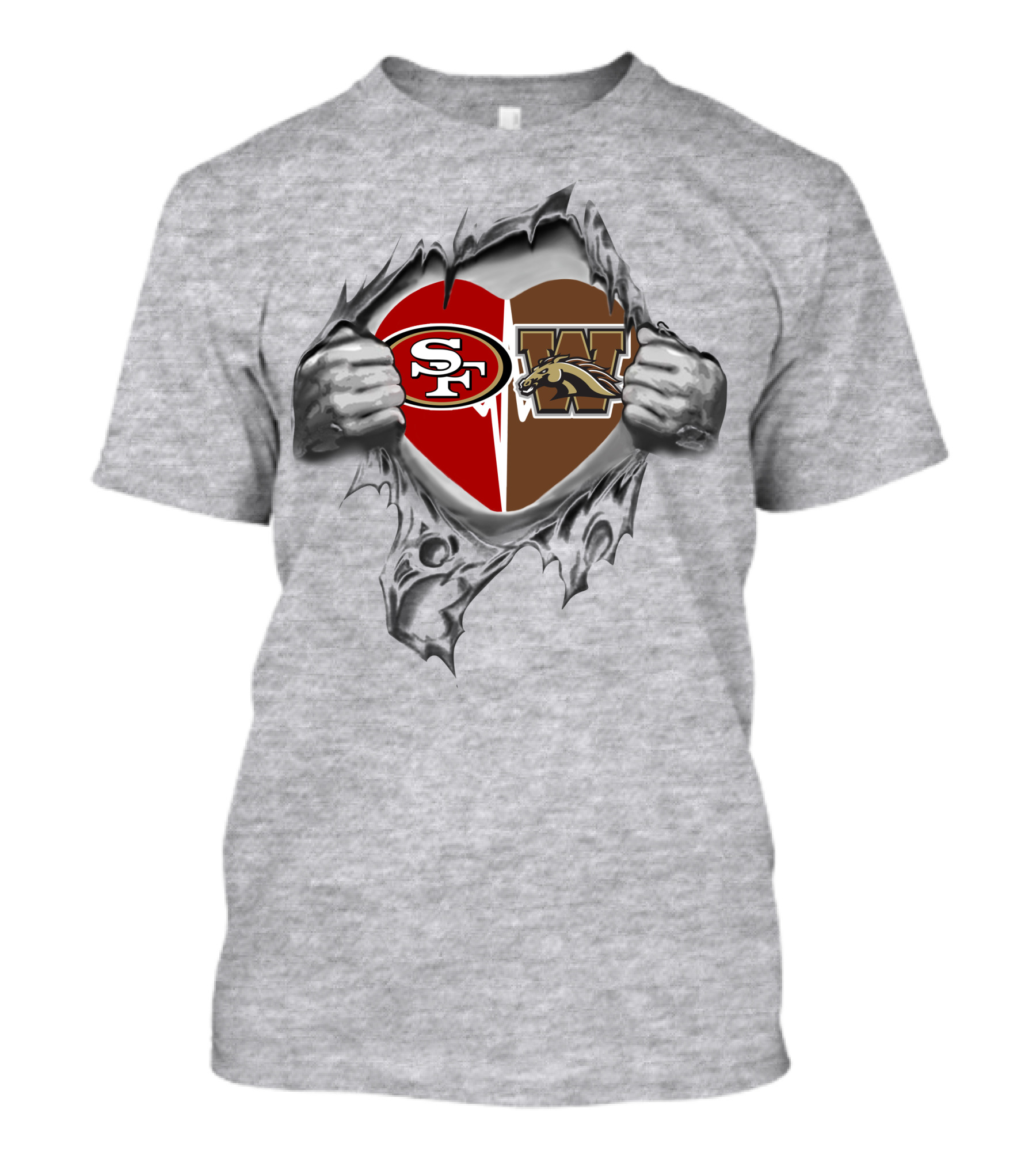 49ers Western Michigan Broncos Heart Silhouette Peeling Hands T-Shirt