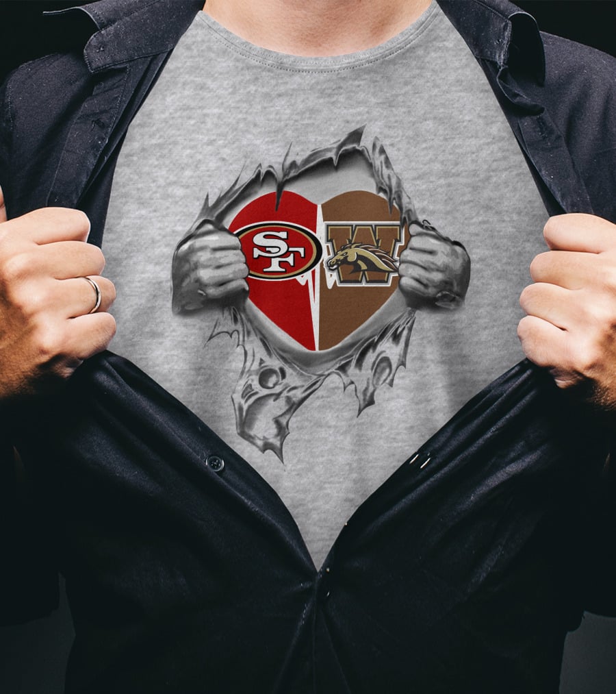 49ers Western Michigan Broncos Heart Silhouette Peeling Hands T-Shirt