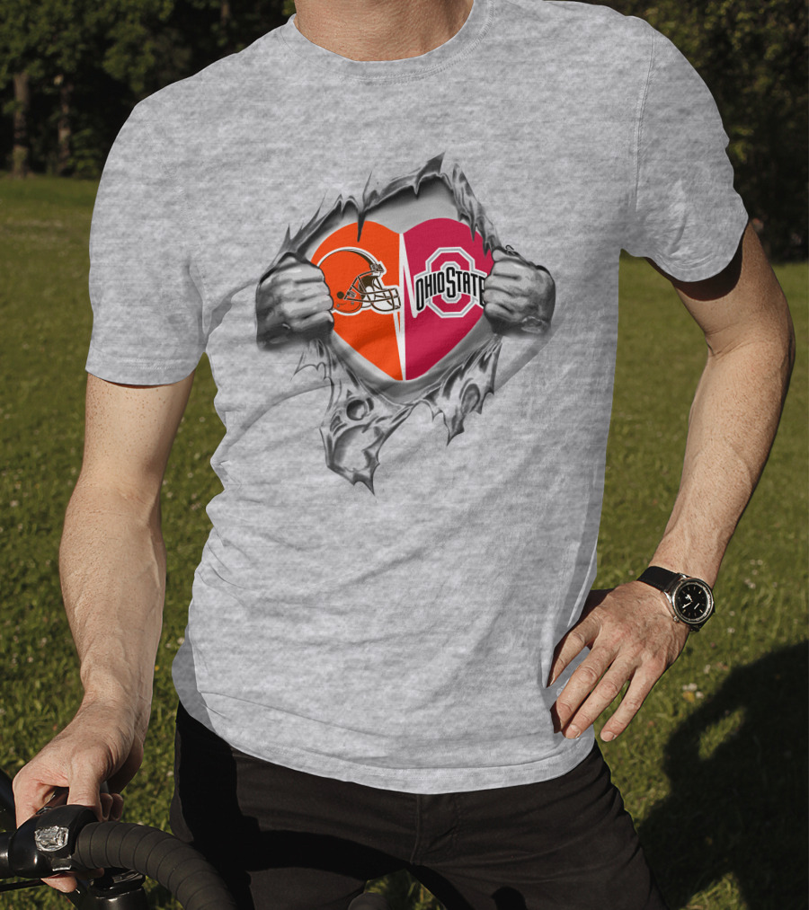 Browns And Ohio State Buckeyes Heart Inside Gray Teared T-Shirt
