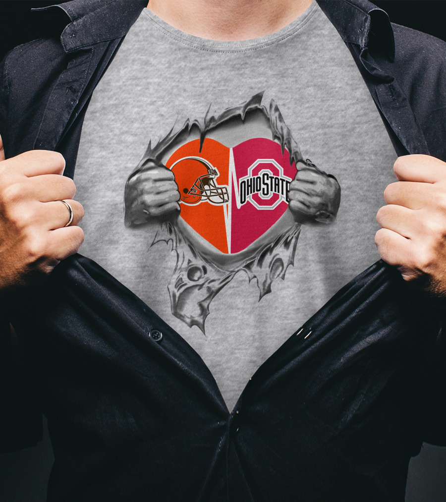 Browns And Ohio State Buckeyes Heart Inside Gray Teared T-Shirt