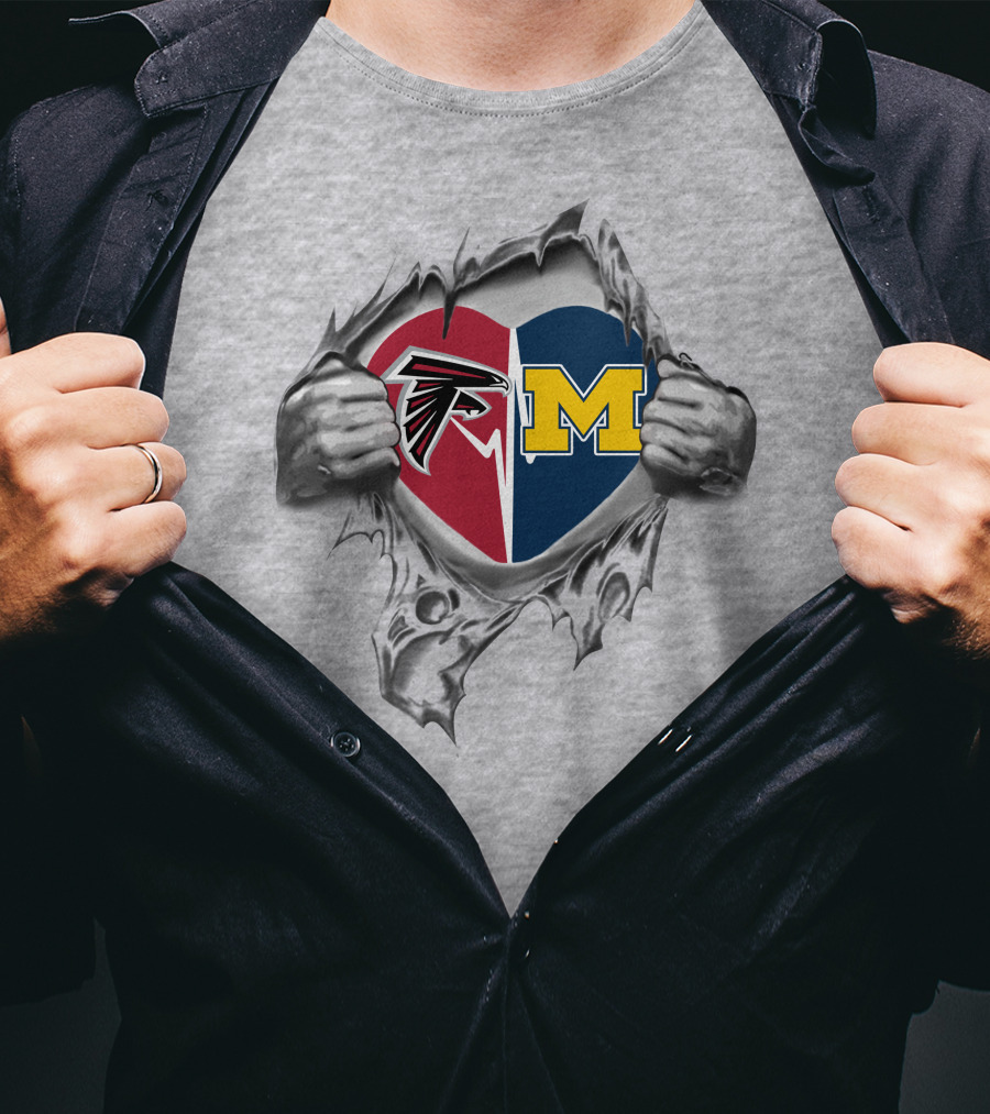 Falcons Michigan Wolverines Heart Logo Inside Torn Greytex T-Shirt