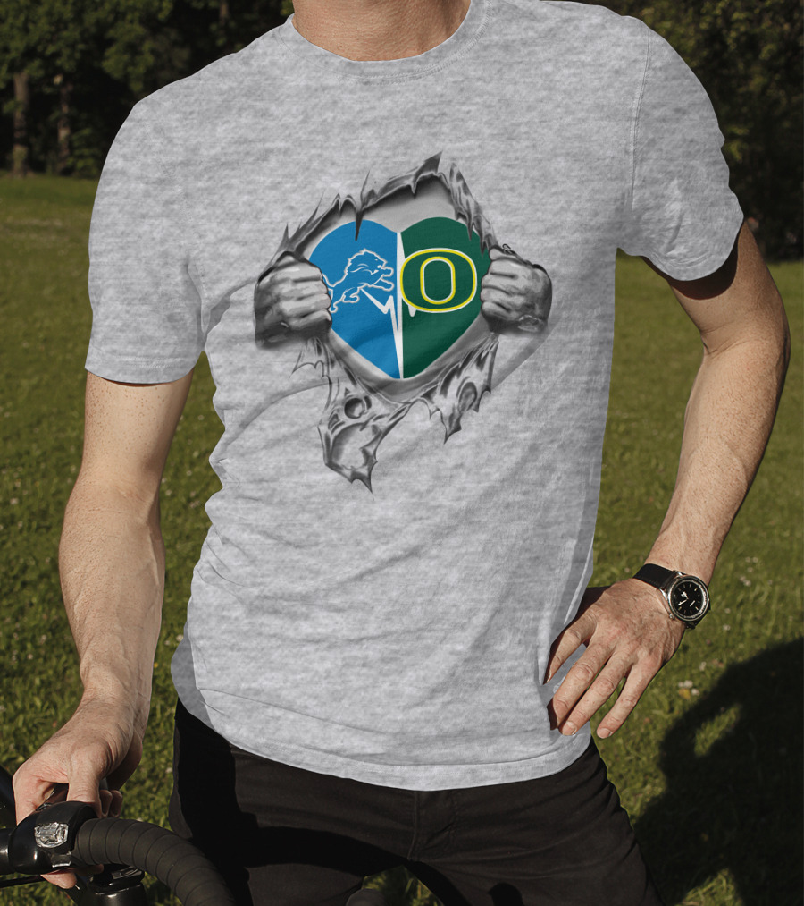 Lions Oregon Ducks Heart Design With Torn Effect And Team Logos T-Shirt