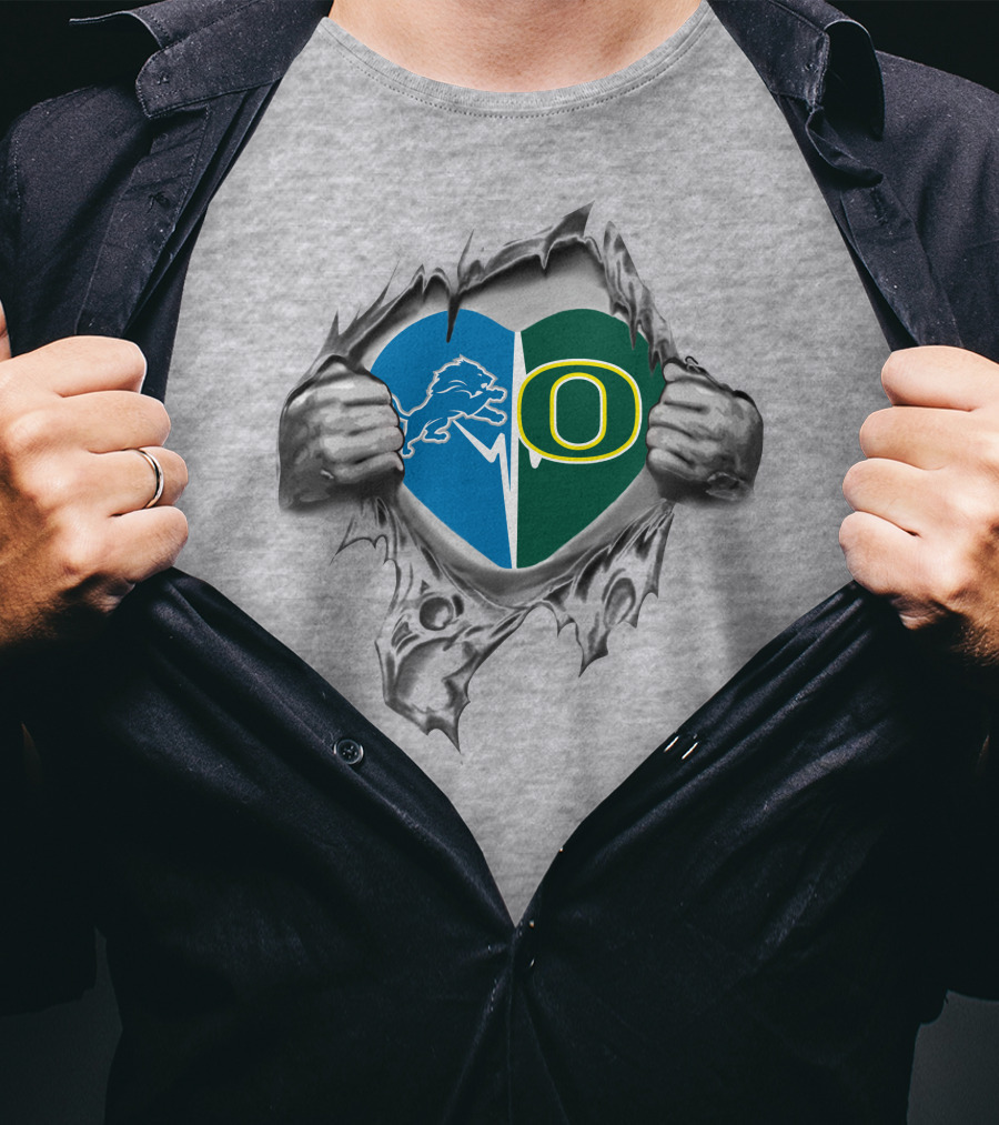 Lions Oregon Ducks Heart Design With Torn Effect And Team Logos T-Shirt