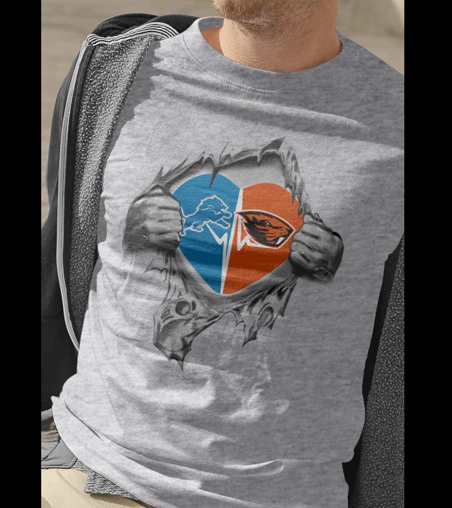 Lions Oregon State Beavers Heart Design With Logos And Ripped Hands T-Shirt