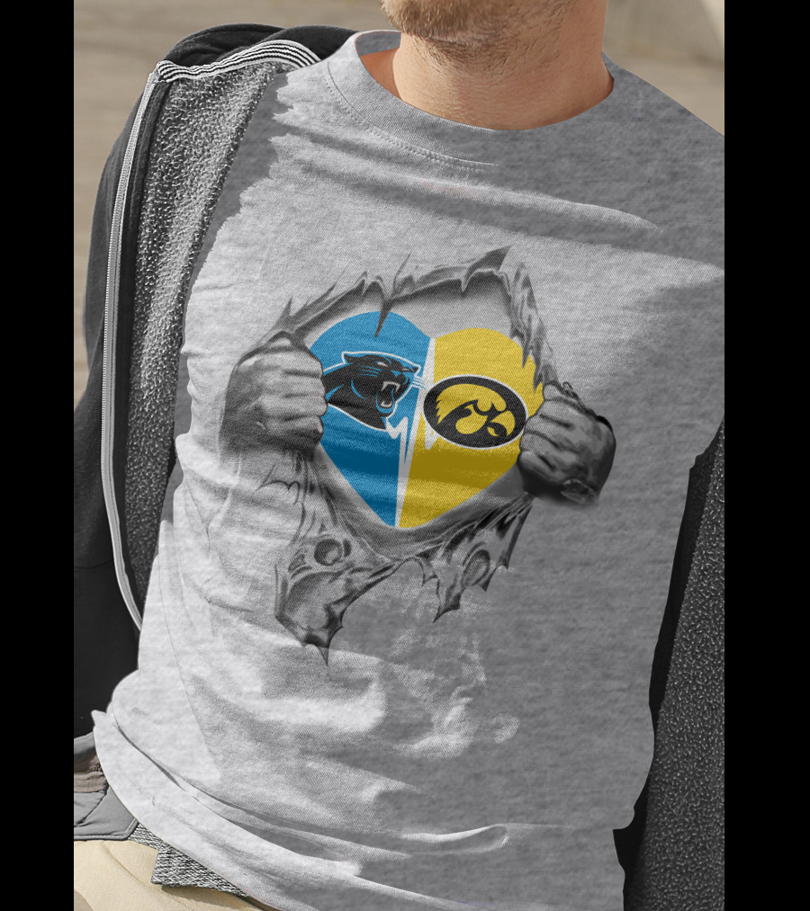 Panthers Iowa Hawkeyes Heart Design Combining Blue And Yellow Team Logos T-Shirt