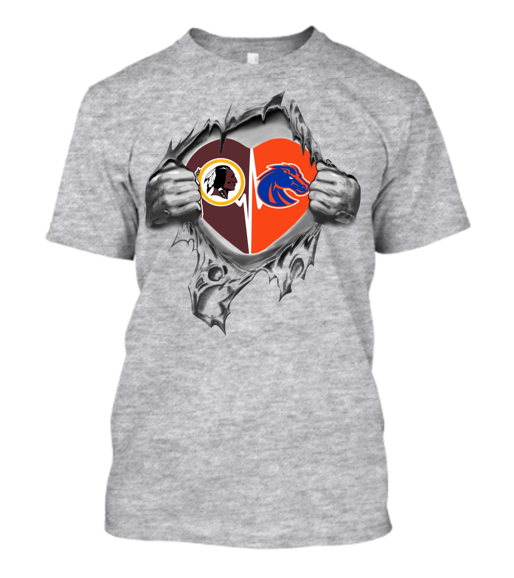 Redskins And Boise State Broncos Heart Design Featuring Iconic Team Logos T-Shirt