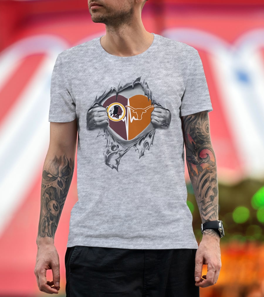 Redskins Texas Longhorns Heartbeat Design With Torn Effect T-Shirt