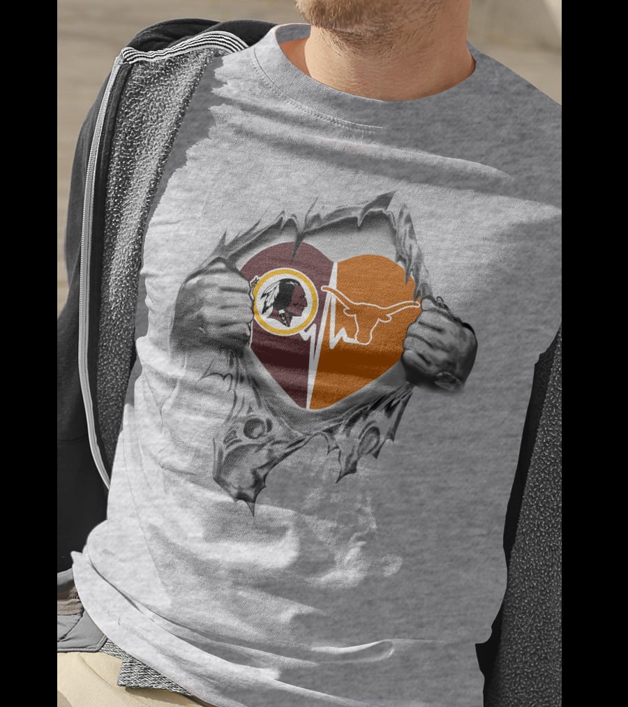 Redskins Texas Longhorns Heartbeat Design With Torn Effect T-Shirt
