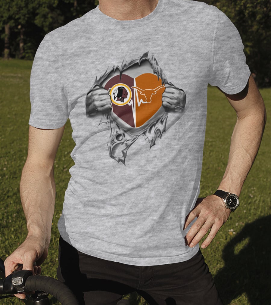 Redskins Texas Longhorns Heartbeat Design With Torn Effect T-Shirt