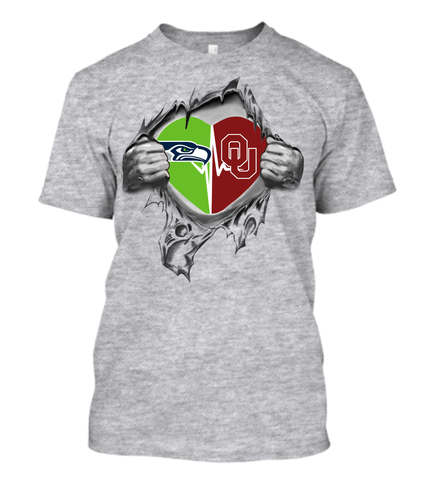 Seahawks Oklahoma Sooners Heart Logo With Torn T-Shirt