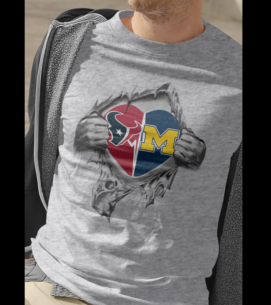 Texans Michigan Wolverines Heart Inside Revealed By Ripped Hands T-Shirt