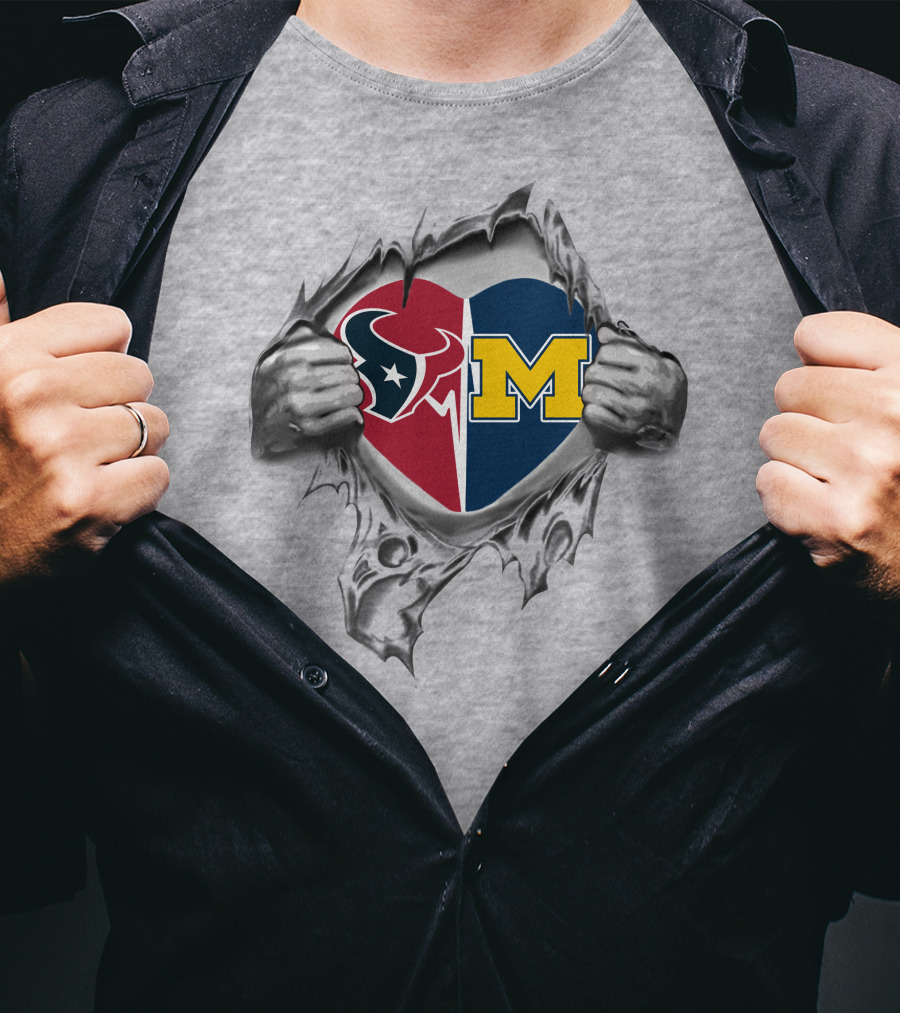 Texans Michigan Wolverines Heart Inside Revealed By Ripped Hands T-Shirt