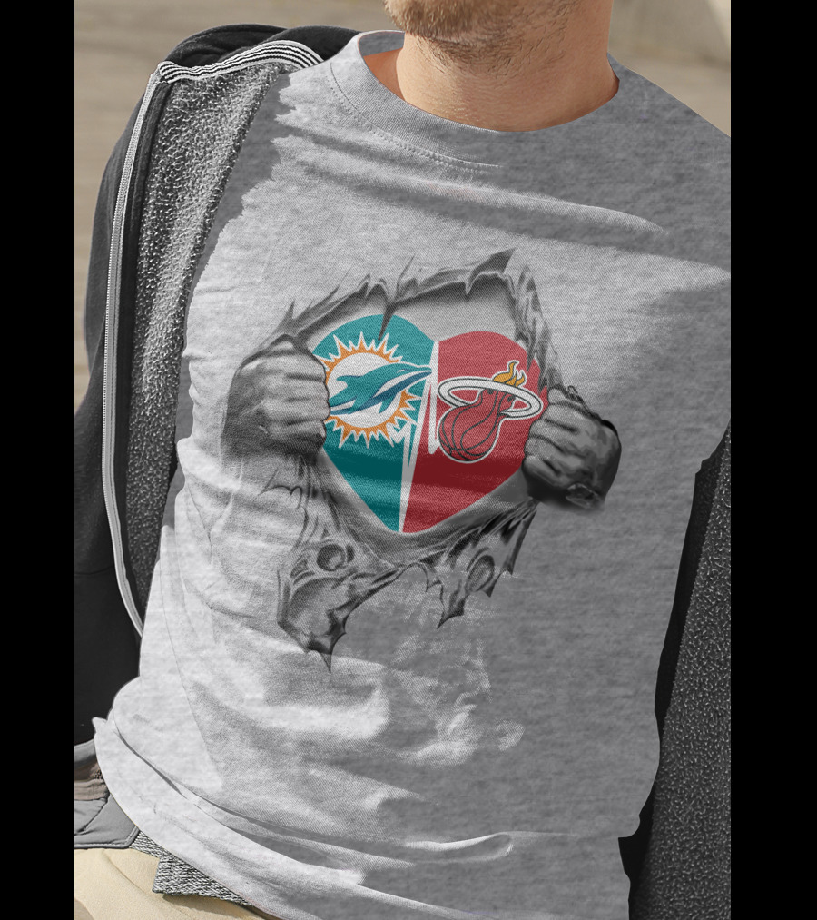 Dolphins Miami Heat Heart Emblem Fan Tribute T-Shirt