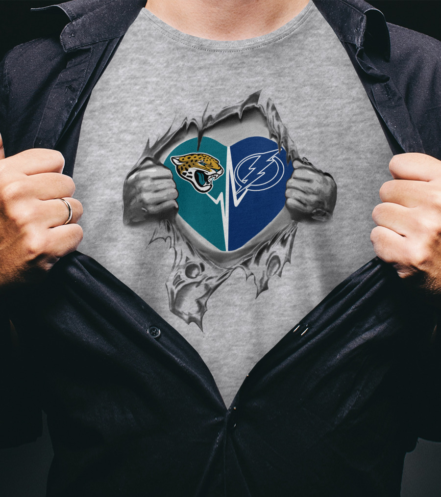 Jacksonville Jaguars And Tampa Bay Lightning Heart Design Combination T-Shirt