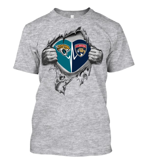 Jacksonville Jaguars Florida Panthers Heart Torn Fabric T-Shirt