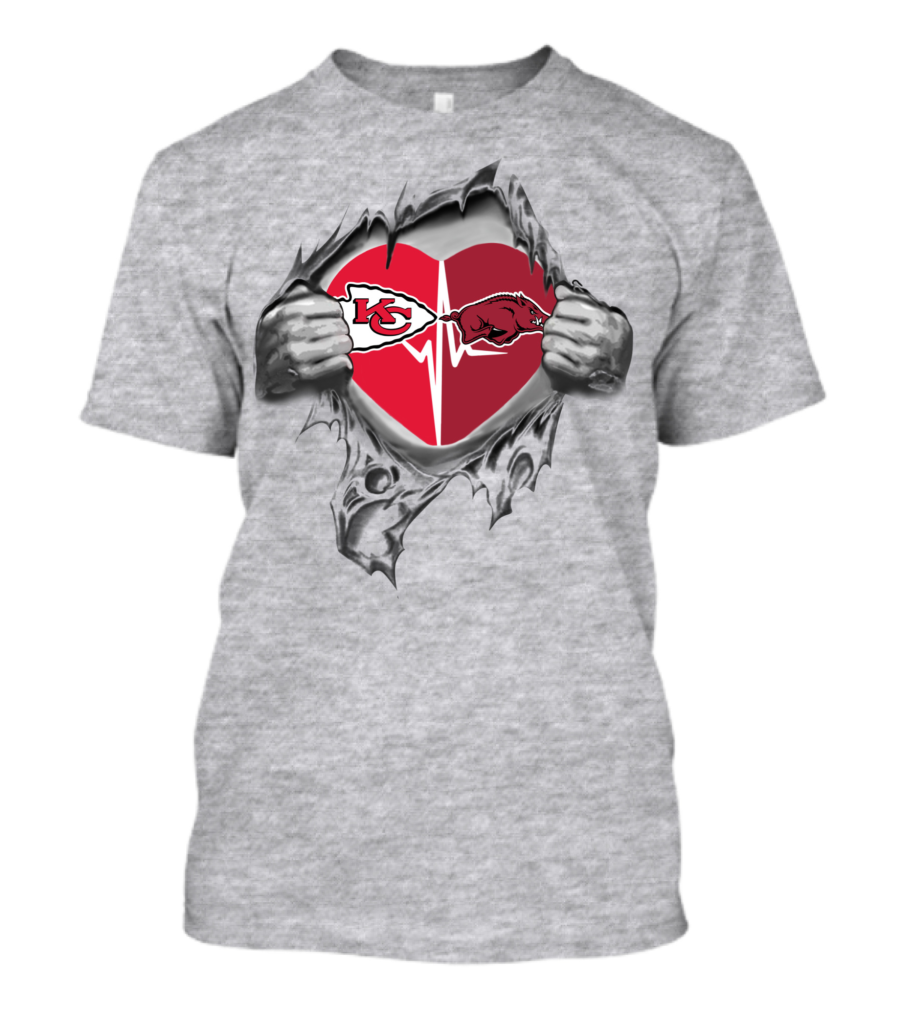 Kansas City Chiefs And Arkansas Razorbacks Heart Ripped T-Shirt