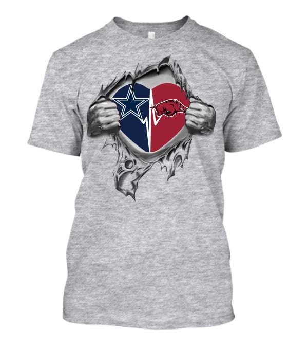 Cowboys Heart With Arkansas Razorbacks Logo And Tear Effect T-Shirt