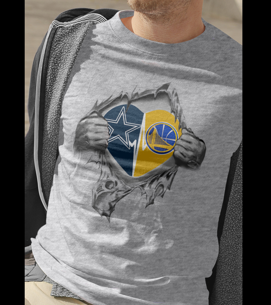 Cowboys And Golden State Warriors Heart With Hands Tearing T-Shirt