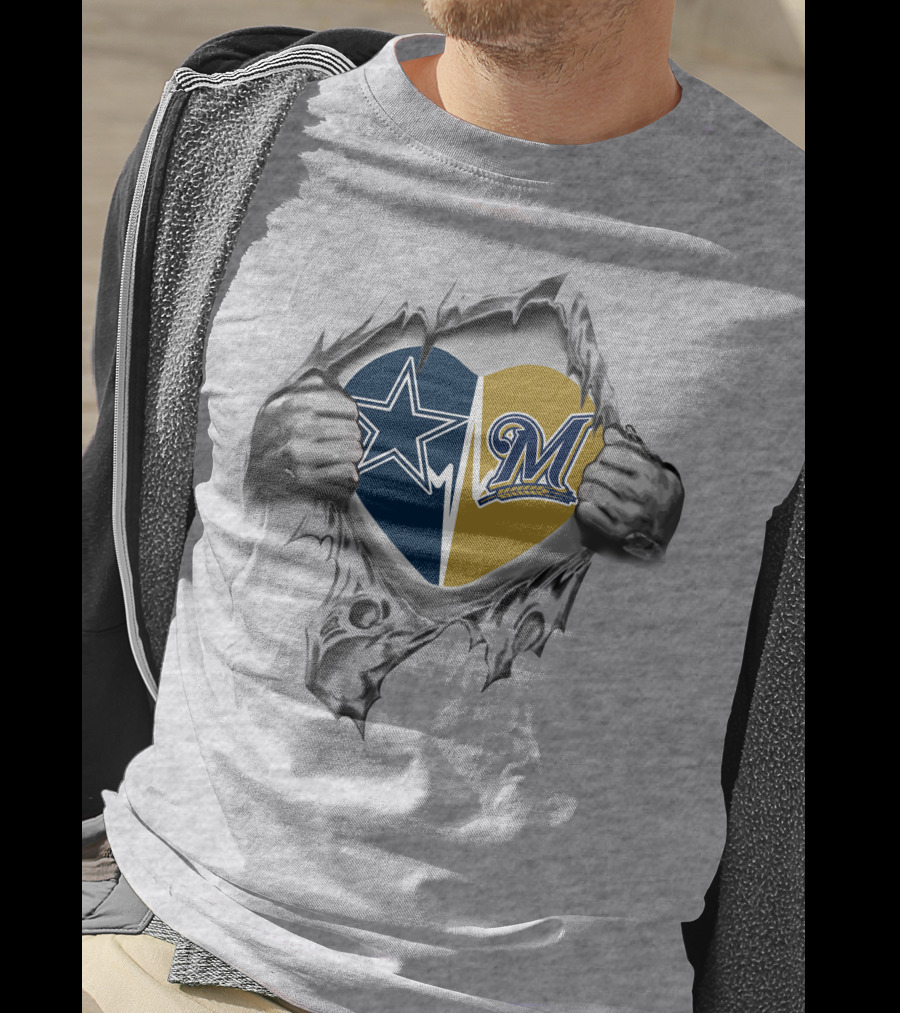Cowboys Milwaukee Brewers Heart Design With Teams' Logos Inside Torn Effect T-Shirt