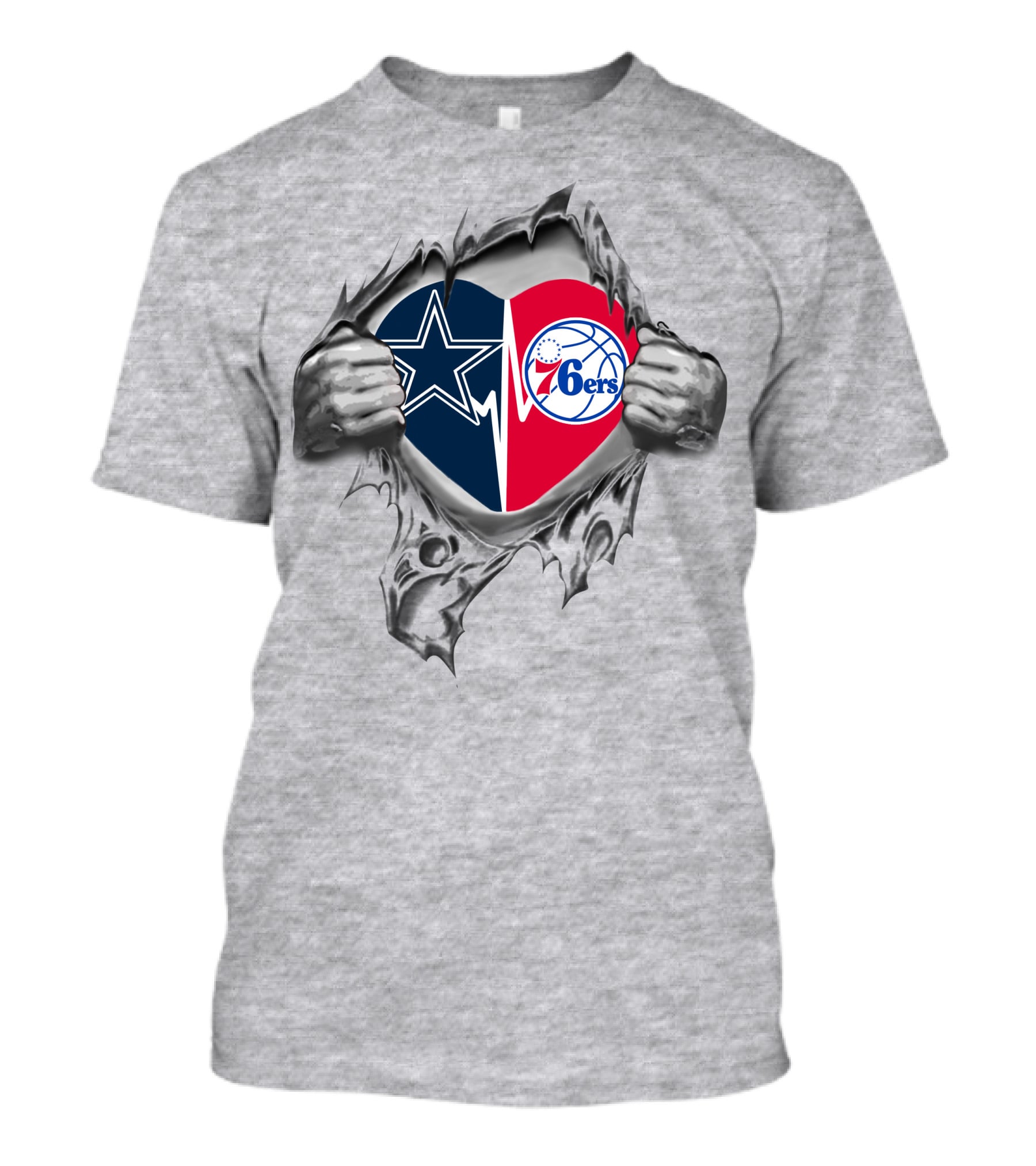 Cowboys 76ers Heart Design Featuring Dallas Star And Philadelphia Basketball Logos T-Shirt