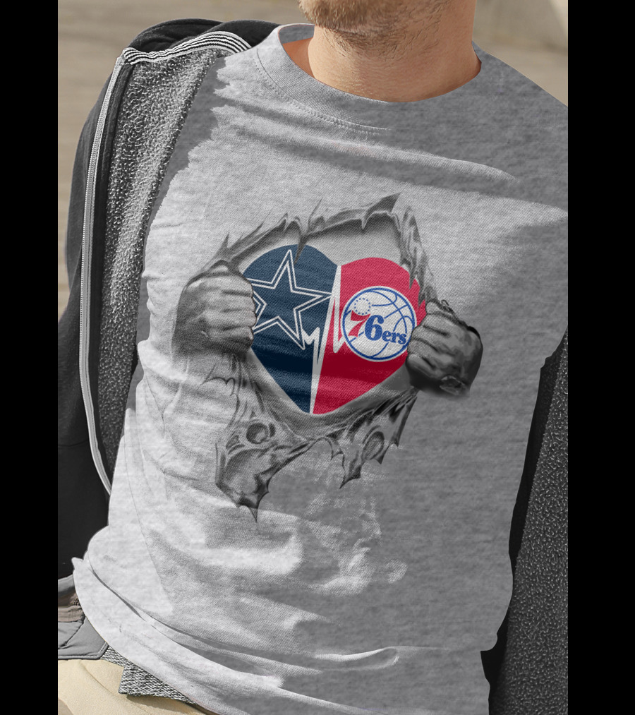 Cowboys 76ers Heart Design Featuring Dallas Star And Philadelphia Basketball Logos T-Shirt
