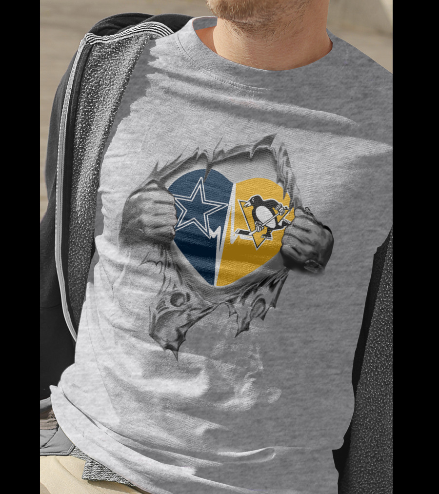 Cowboys Pittsburgh Penguins Heart With Torn Ripped Silver Hands T-Shirt