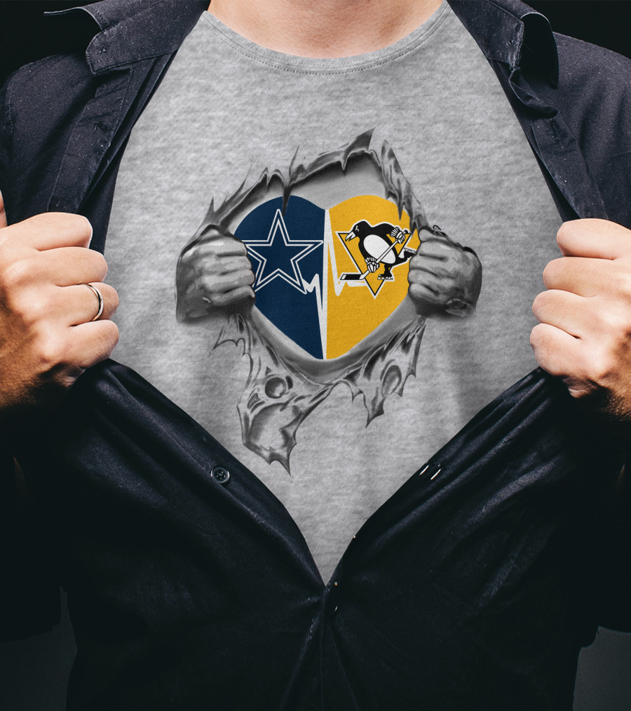 Cowboys Pittsburgh Penguins Heart With Torn Ripped Silver Hands T-Shirt