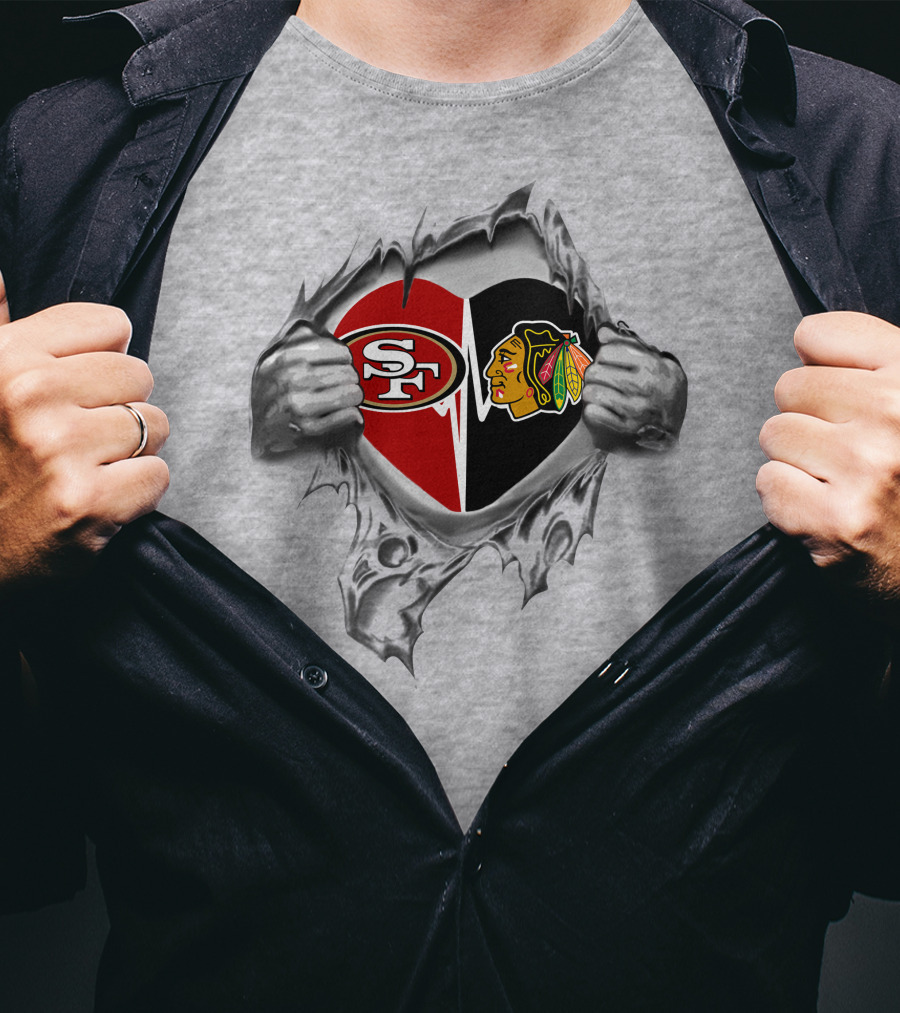 49ers Chicago Blackhawks Heart Split Logo Fan Pride T-Shirt