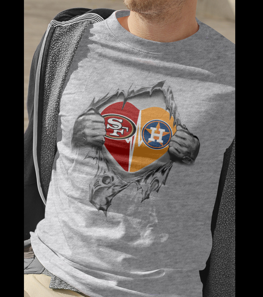 49ers Houston Astros Heart Logos With Ripped Skin Effect T-Shirt