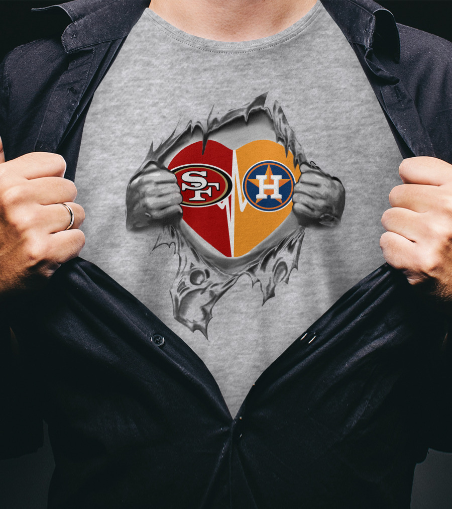 49ers Houston Astros Heart Logos With Ripped Skin Effect T-Shirt