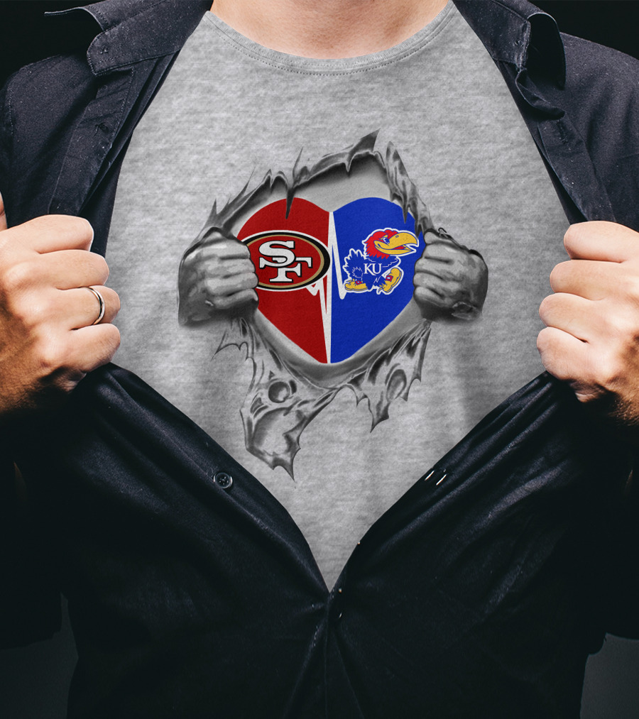 49ers San Francisco And Kansas Jayhawks Heart Logo Split T-Shirt