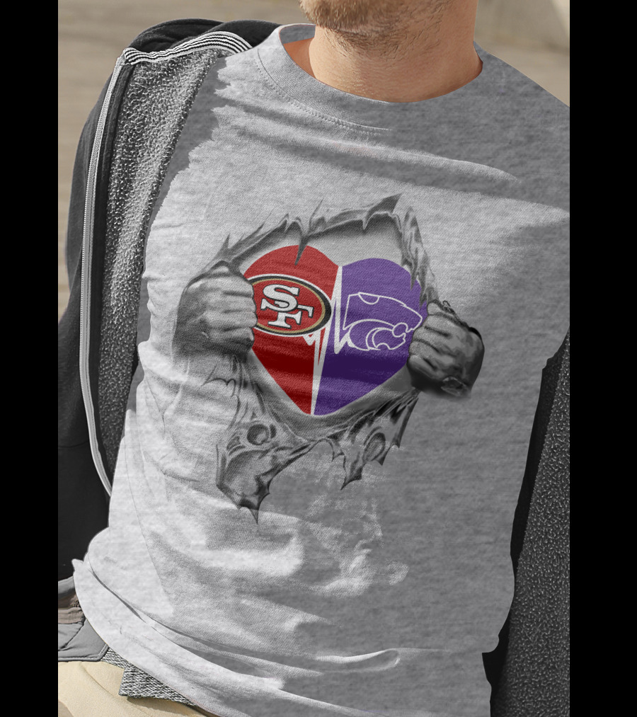 49ers Kansas State Wildcats Heart Design Featuring Split Heart With Logos T-Shirt
