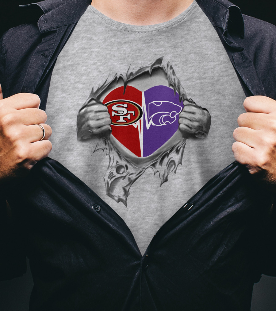 49ers Kansas State Wildcats Heart Design Featuring Split Heart With Logos T-Shirt