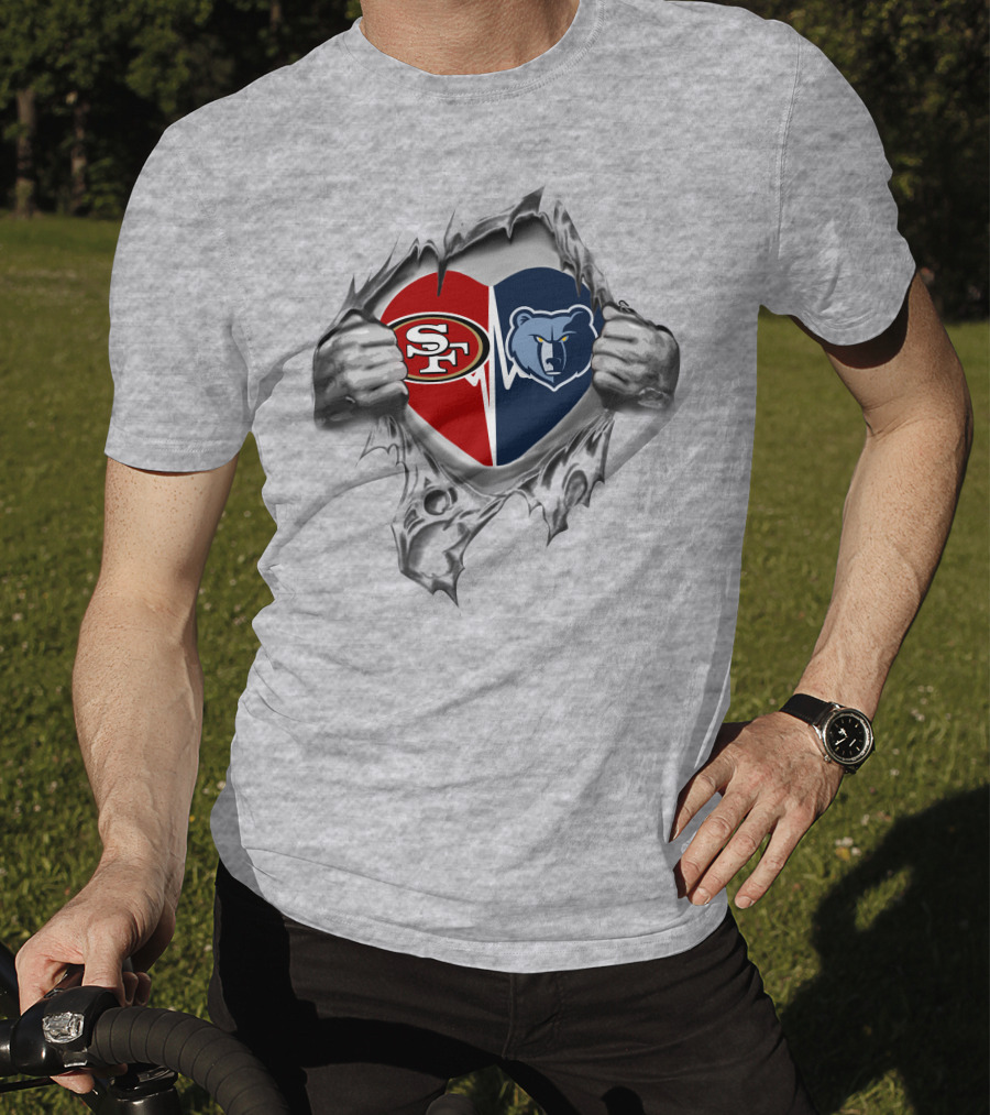 49ers Memphis Grizzlies Heart Logos Inside Torn Fabric T-Shirt
