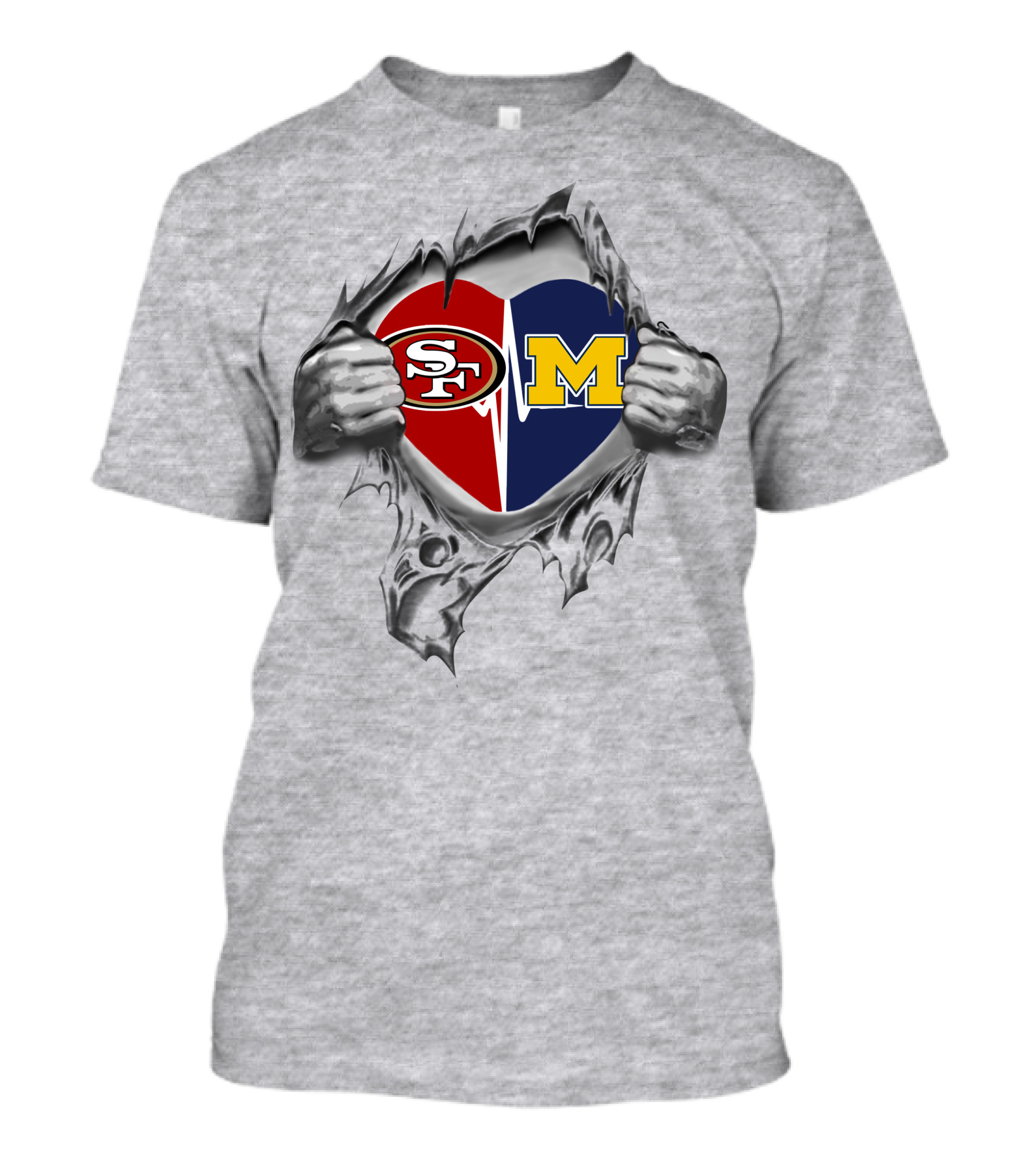 49ers Michigan Wolverines Heart Symbol With Hands Tearing T-Shirt