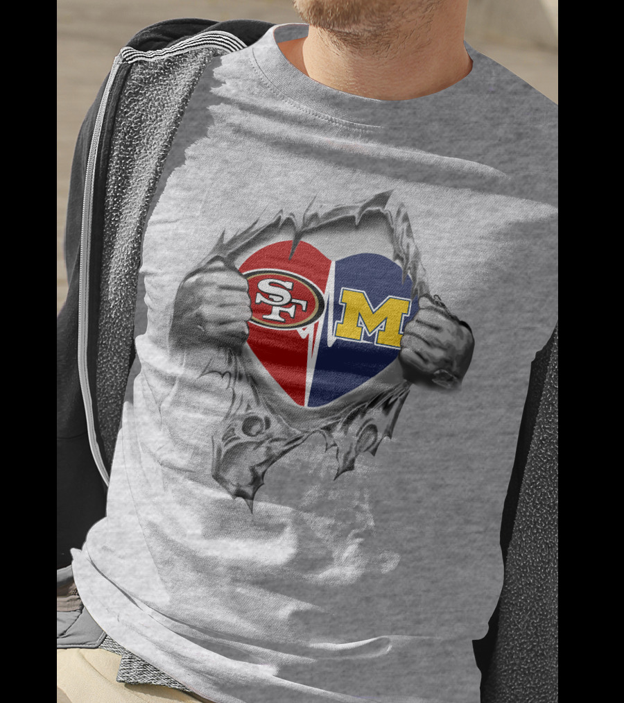 49ers Michigan Wolverines Heart Symbol With Hands Tearing T-Shirt