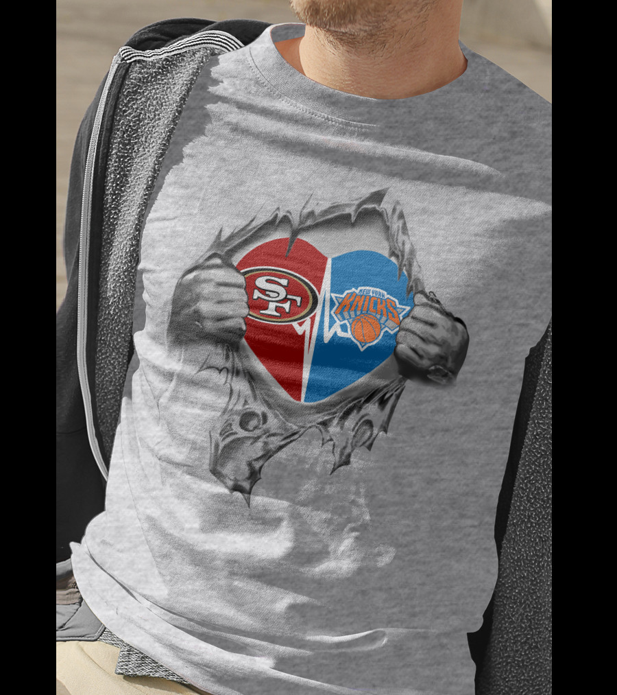 49ers New York Knicks Heart Logos Inside Torn Metal Hands T-Shirt