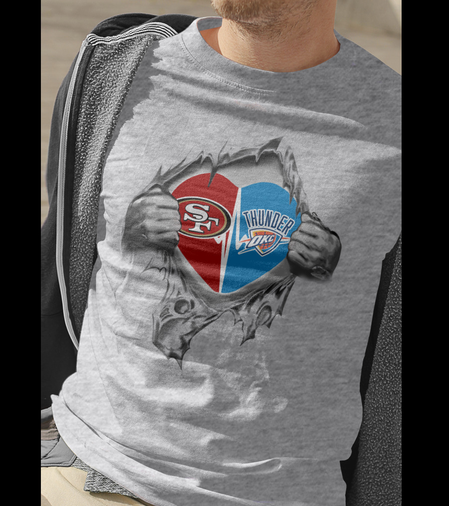 49ers Oklahoma City Thunder Heart Torn Open Logo Fusion T-Shirt
