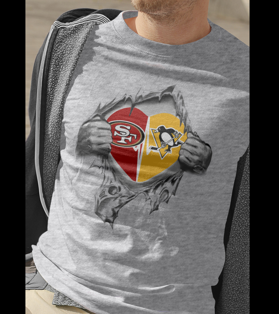 49ers Pittsburgh Penguins Heart Divided Logo Tear T-Shirt